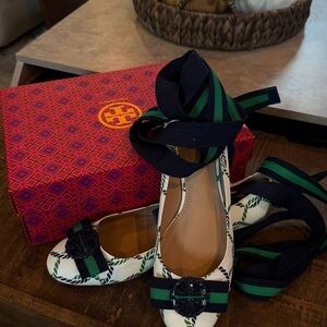 Tory Burch Green and White Ribbon Flats